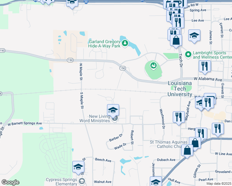 map of restaurants, bars, coffee shops, grocery stores, and more near 105 Turner Street in Ruston