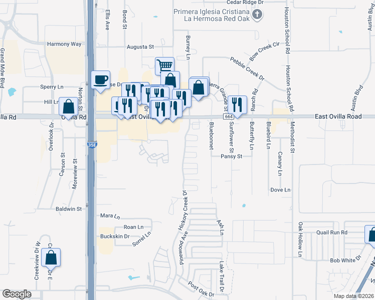 map of restaurants, bars, coffee shops, grocery stores, and more near 201 Rosewood Court in Red Oak