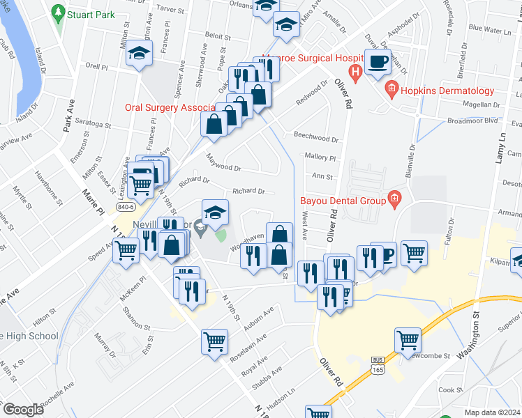 map of restaurants, bars, coffee shops, grocery stores, and more near 1818 Townhouse Circle in Monroe