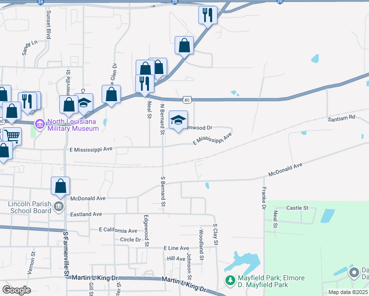 map of restaurants, bars, coffee shops, grocery stores, and more near 1304 East Mississippi Avenue in Ruston