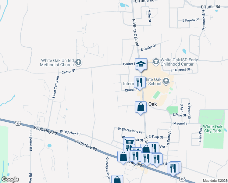 map of restaurants, bars, coffee shops, grocery stores, and more near 2 Oak Run in White Oak