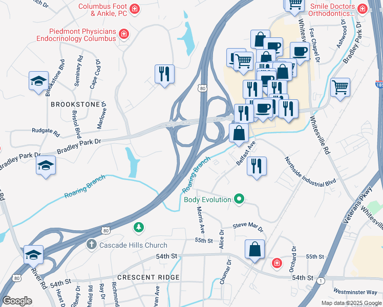 map of restaurants, bars, coffee shops, grocery stores, and more near J R Allen Parkway in Columbus