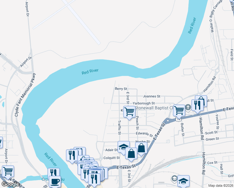 map of restaurants, bars, coffee shops, grocery stores, and more near 202 Joannes Street in Bossier City