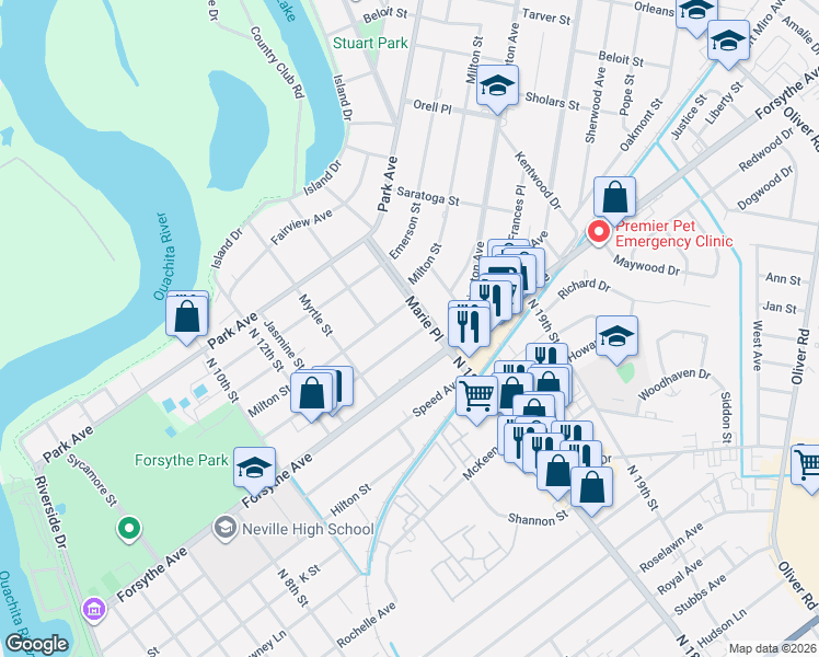 map of restaurants, bars, coffee shops, grocery stores, and more near 1503 Spencer Avenue in Monroe
