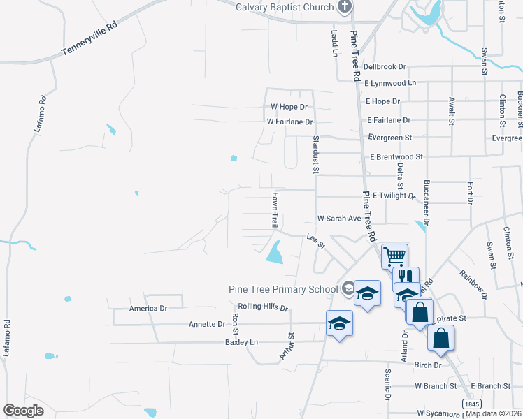map of restaurants, bars, coffee shops, grocery stores, and more near 2104 Shady Trail in Longview