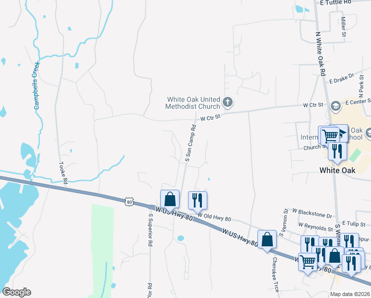 map of restaurants, bars, coffee shops, grocery stores, and more near 301 South Sun Camp Road in White Oak