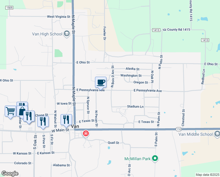 map of restaurants, bars, coffee shops, grocery stores, and more near 394 East Pennsylvania Street in Van