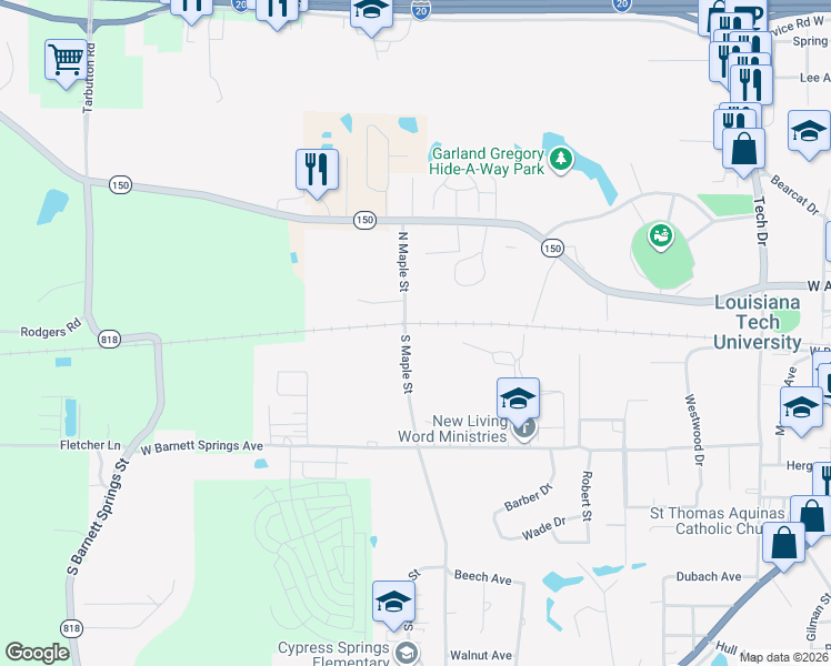 map of restaurants, bars, coffee shops, grocery stores, and more near 101 South Maple Street in Ruston