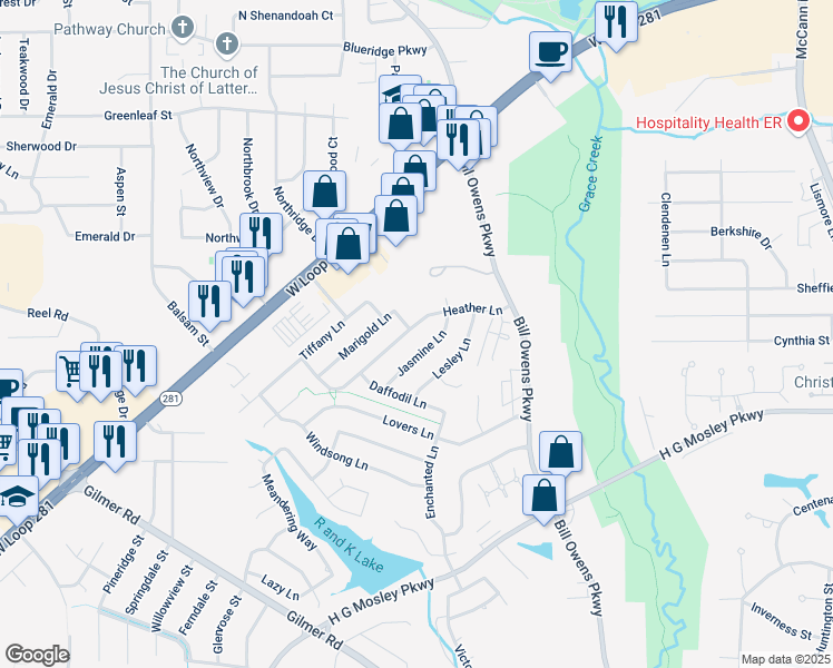map of restaurants, bars, coffee shops, grocery stores, and more near 1200 Heather Lane in Longview