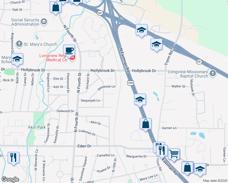 map of restaurants, bars, coffee shops, grocery stores, and more near 1110 Apache Court in Longview