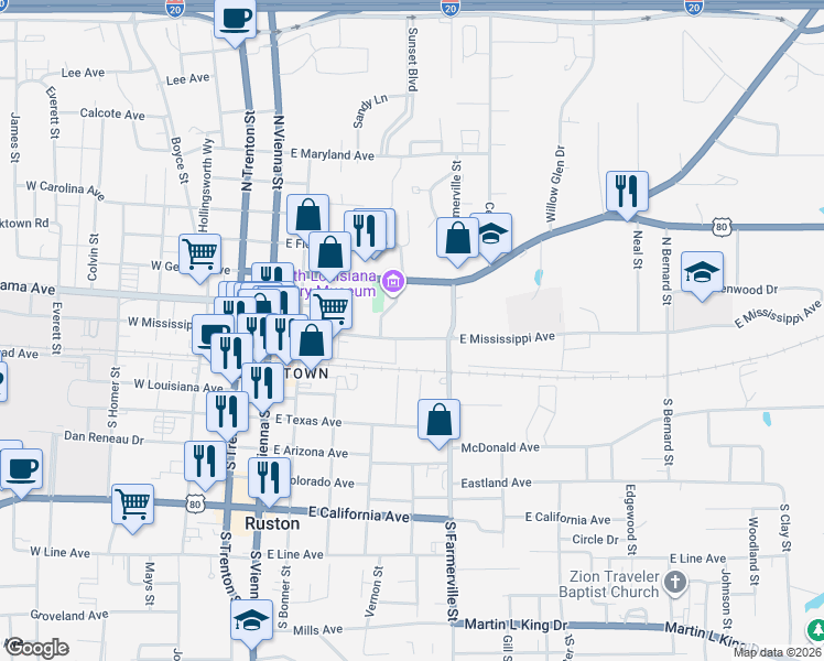 map of restaurants, bars, coffee shops, grocery stores, and more near 416 East Mississippi Avenue in Ruston