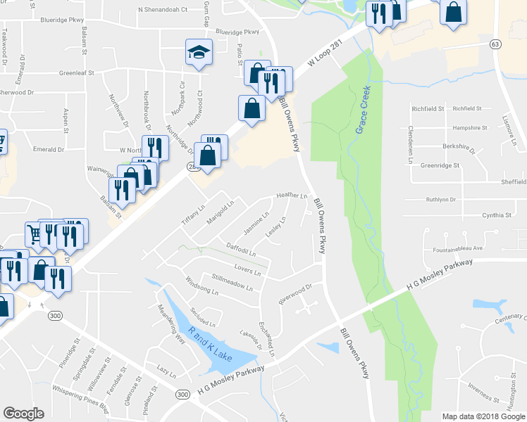 map of restaurants, bars, coffee shops, grocery stores, and more near 1205 Jasmine Lane in Longview