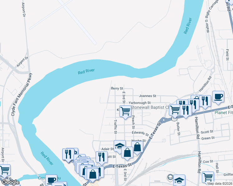 map of restaurants, bars, coffee shops, grocery stores, and more near 316 Joannes Street in Bossier City