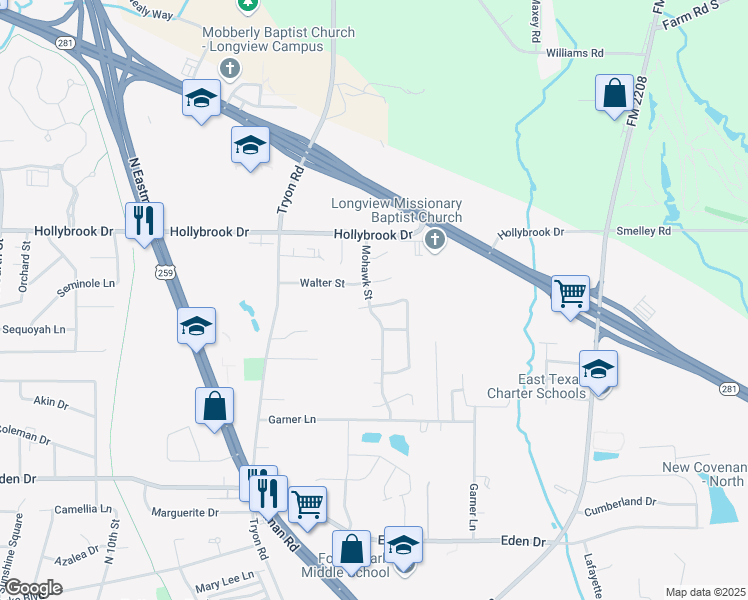 map of restaurants, bars, coffee shops, grocery stores, and more near 1620 Chippewa Street in Longview