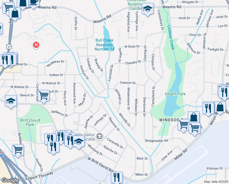 map of restaurants, bars, coffee shops, grocery stores, and more near 5848 Winvelly Drive in Columbus