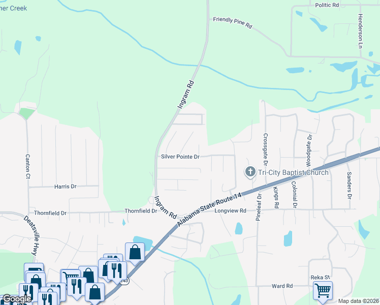 map of restaurants, bars, coffee shops, grocery stores, and more near 163 Silver Pointe Drive in Elmore