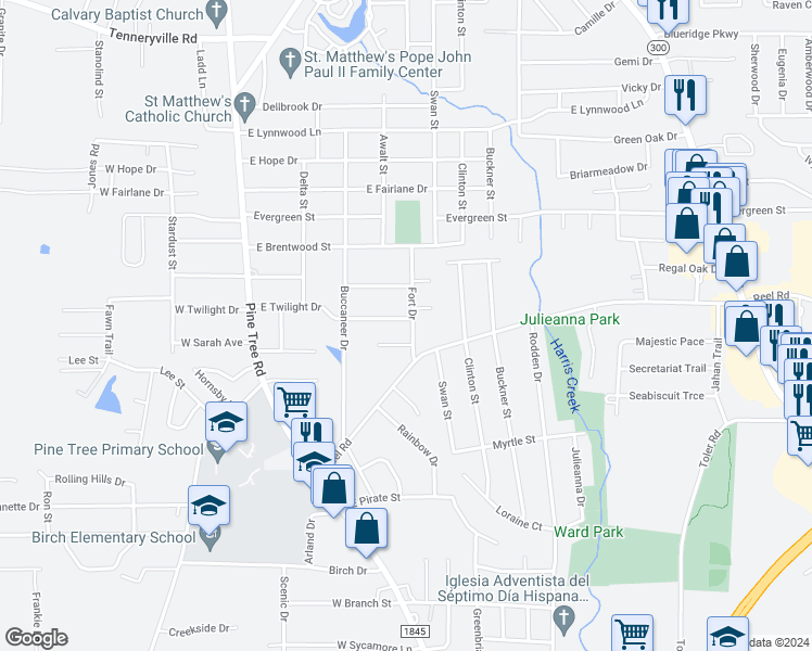 map of restaurants, bars, coffee shops, grocery stores, and more near 316 East Twilight Drive in Longview