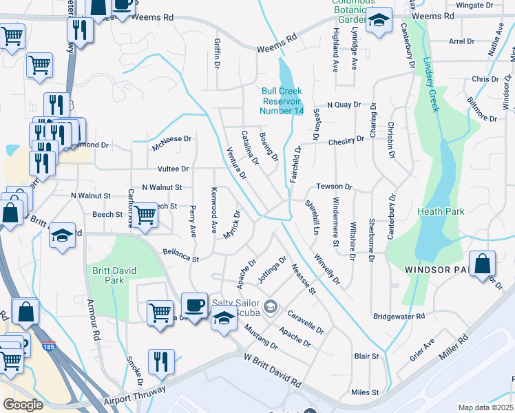 map of restaurants, bars, coffee shops, grocery stores, and more near 3179 Bonanza Drive in Columbus