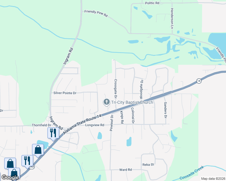 map of restaurants, bars, coffee shops, grocery stores, and more near 113 Crossgate Drive in Elmore