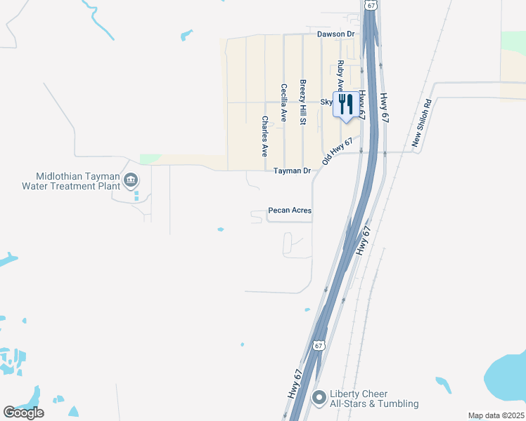map of restaurants, bars, coffee shops, grocery stores, and more near 68 Pecan Acres in Midlothian