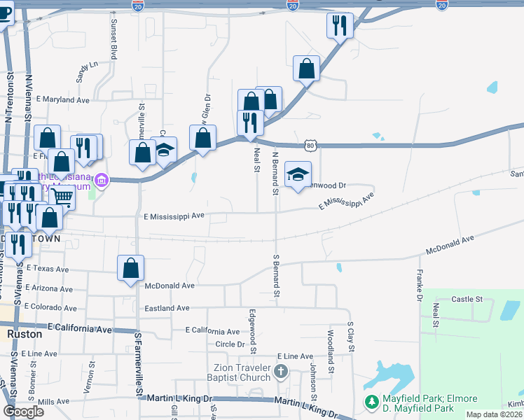 map of restaurants, bars, coffee shops, grocery stores, and more near 200 Neal Street in Ruston