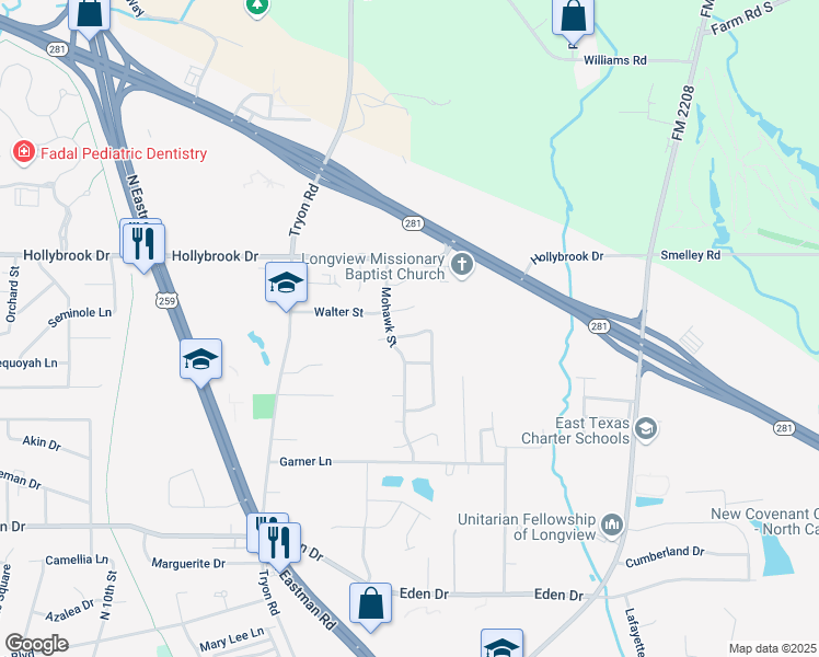 map of restaurants, bars, coffee shops, grocery stores, and more near 1603 Chippewa Street in Longview