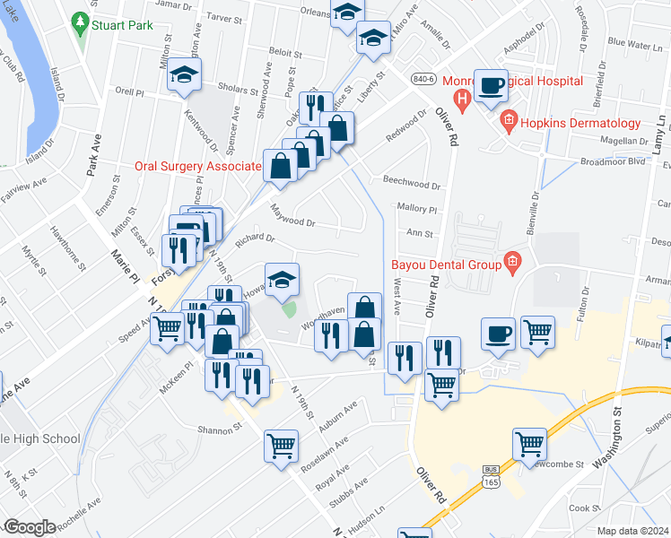 map of restaurants, bars, coffee shops, grocery stores, and more near 1817B Townhouse Drive in Monroe