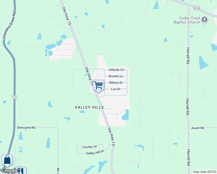 map of restaurants, bars, coffee shops, grocery stores, and more near 132 Hillside Cir in West Monroe