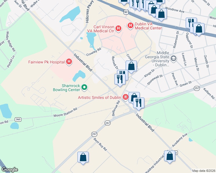 map of restaurants, bars, coffee shops, grocery stores, and more near 507 Industrial Boulevard in Dublin