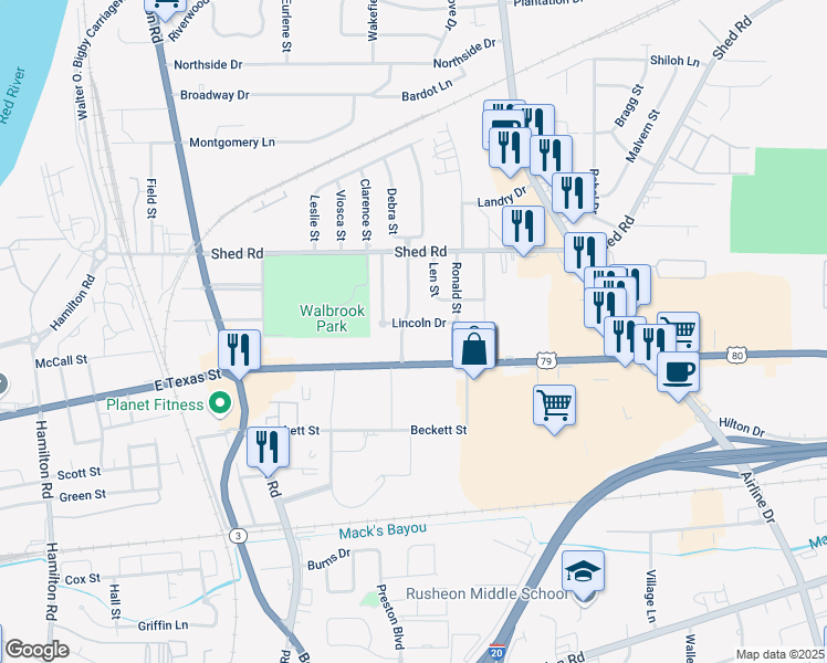 map of restaurants, bars, coffee shops, grocery stores, and more near 2711 East Texas Street in Bossier City
