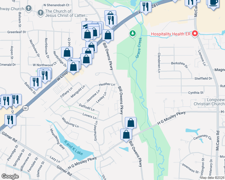 map of restaurants, bars, coffee shops, grocery stores, and more near 6 Casey Court in Longview