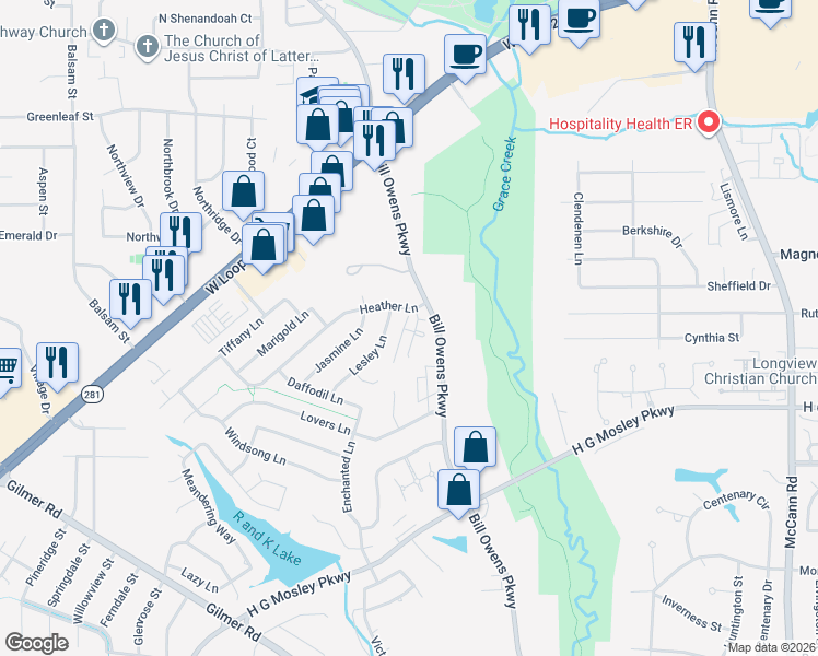 map of restaurants, bars, coffee shops, grocery stores, and more near 1207 Shannon Lane in Longview