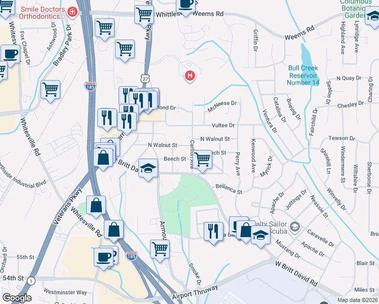 map of restaurants, bars, coffee shops, grocery stores, and more near 5745 Carlton Avenue in Columbus