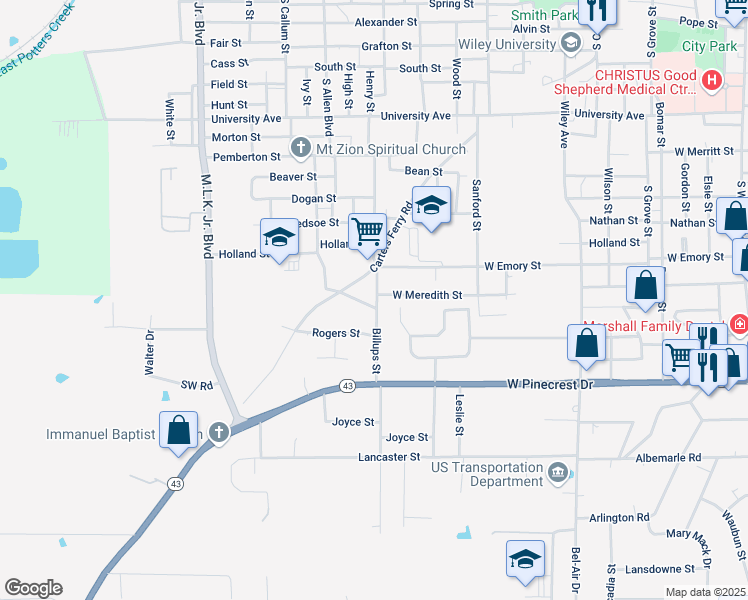 map of restaurants, bars, coffee shops, grocery stores, and more near 1708 Billups Street in Marshall