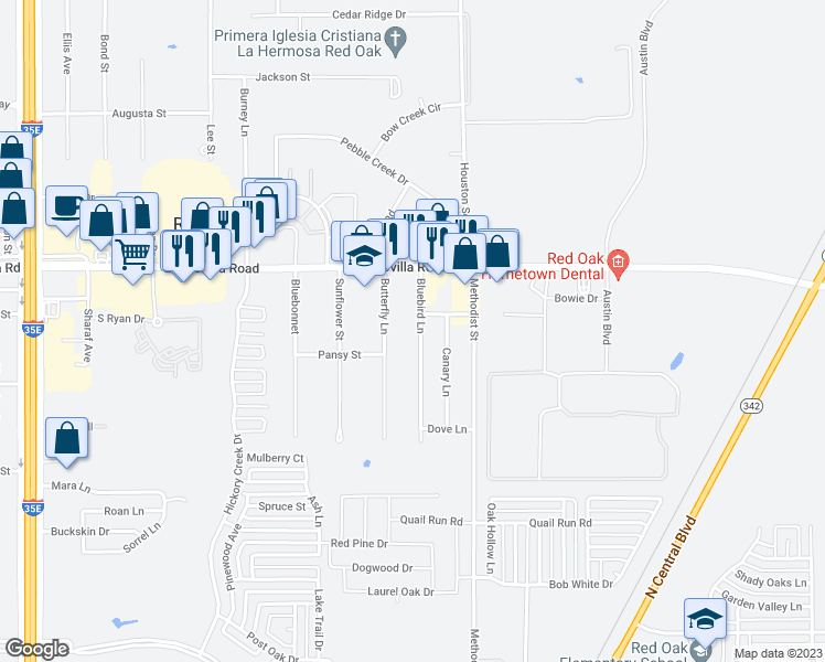map of restaurants, bars, coffee shops, grocery stores, and more near 544 Bluebird Lane in Red Oak