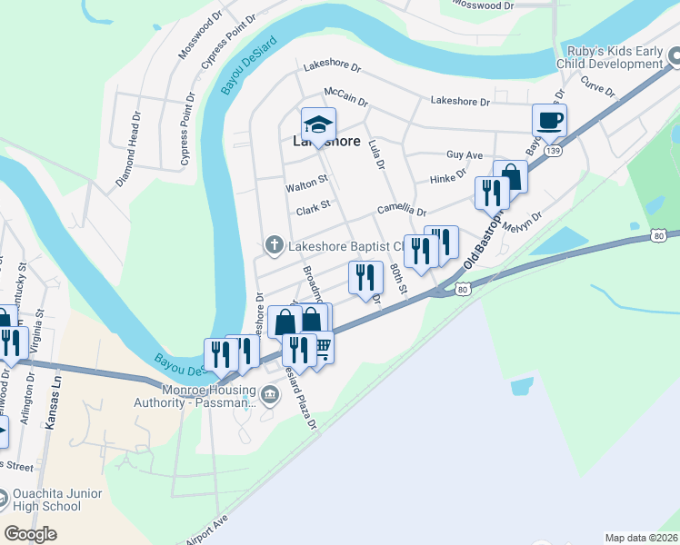 map of restaurants, bars, coffee shops, grocery stores, and more near 306 Azalea Drive in Monroe