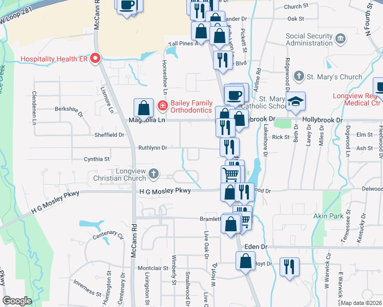 map of restaurants, bars, coffee shops, grocery stores, and more near 16 Creekmont Lane in Longview