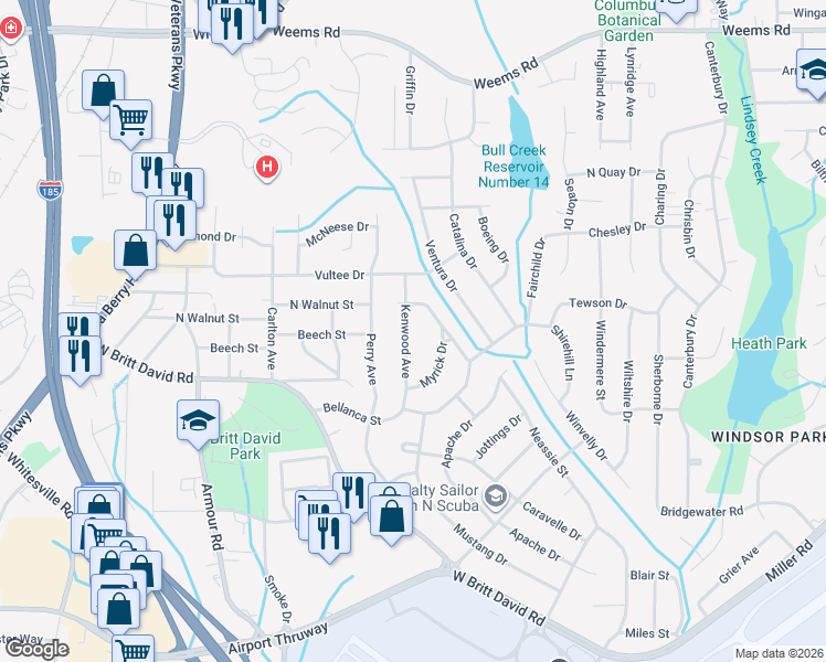 map of restaurants, bars, coffee shops, grocery stores, and more near 3141 Myrick Drive in Columbus
