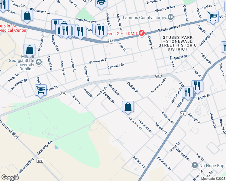 map of restaurants, bars, coffee shops, grocery stores, and more near 2319 Benton Street in Dublin