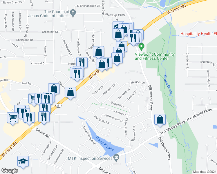 map of restaurants, bars, coffee shops, grocery stores, and more near 1215 Marigold Lane in Longview