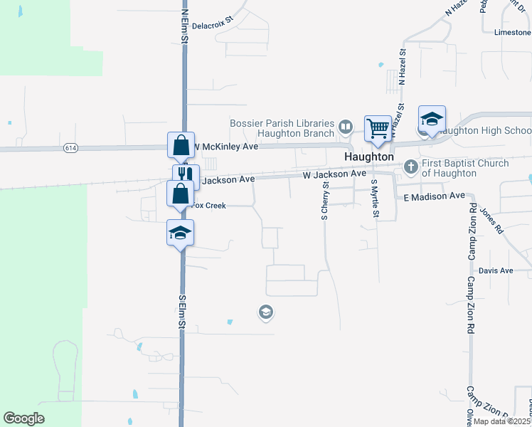 map of restaurants, bars, coffee shops, grocery stores, and more near 309 Fox Creek in Haughton