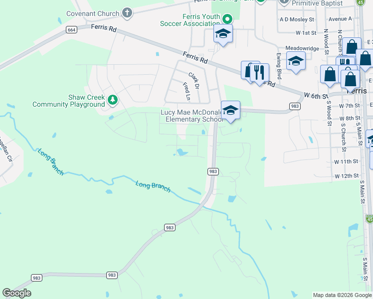 map of restaurants, bars, coffee shops, grocery stores, and more near 527 Farm to Market 983 in Ferris