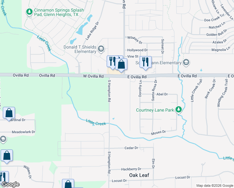 map of restaurants, bars, coffee shops, grocery stores, and more near 604 Hampton Road in Glenn Heights