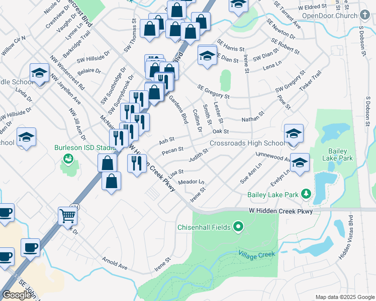 map of restaurants, bars, coffee shops, grocery stores, and more near 709 Pecan Street in Burleson