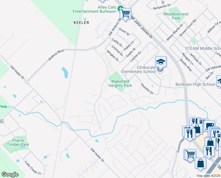 map of restaurants, bars, coffee shops, grocery stores, and more near 1557 Alexander Way in Burleson