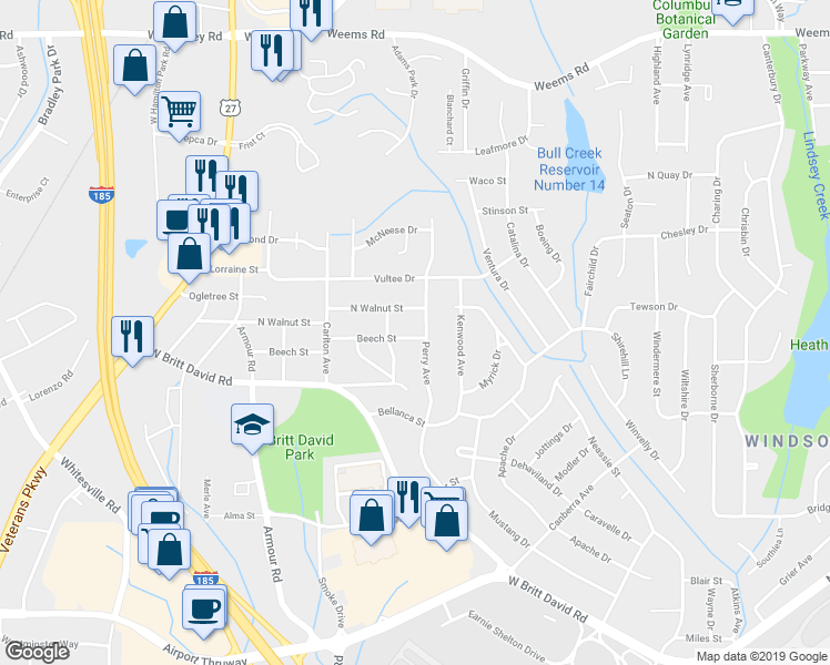 map of restaurants, bars, coffee shops, grocery stores, and more near 2923 Beech Street in Columbus