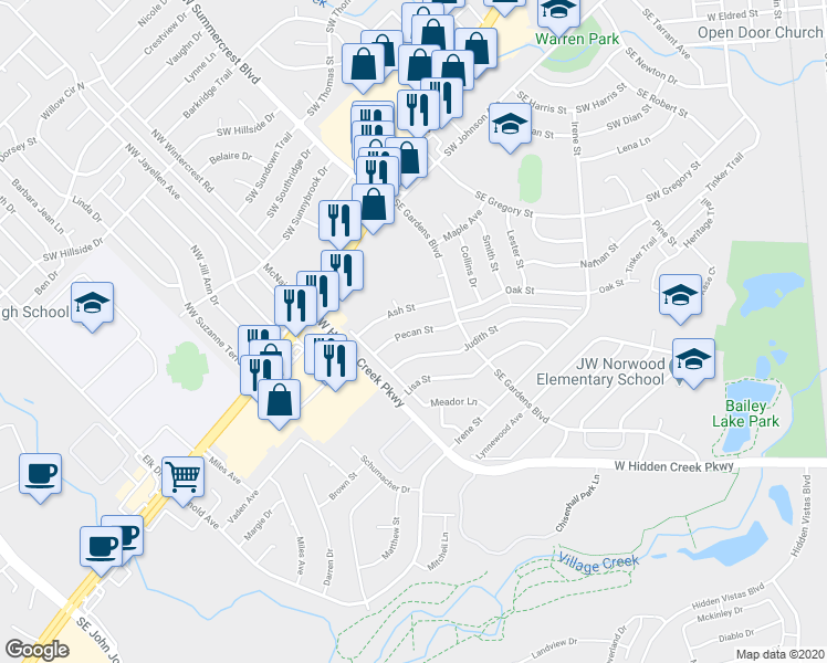 map of restaurants, bars, coffee shops, grocery stores, and more near 727 Pecan Street in Burleson