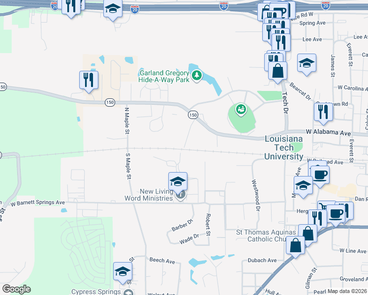 map of restaurants, bars, coffee shops, grocery stores, and more near 215 Penny Lane in Ruston