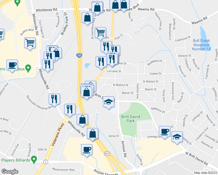 map of restaurants, bars, coffee shops, grocery stores, and more near 5745 Springhill Avenue in Columbus