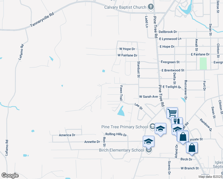 map of restaurants, bars, coffee shops, grocery stores, and more near 2109 Oak Hollow Street in Longview